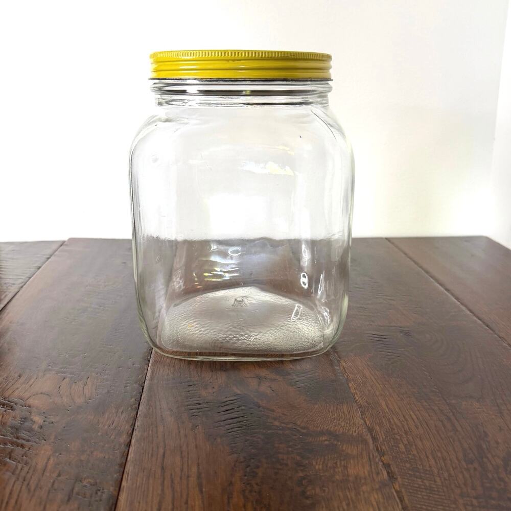 Vintage Hazel Atlas Hoosier Glass Jar with Yellow Tin Lid – Retro Storage Jar